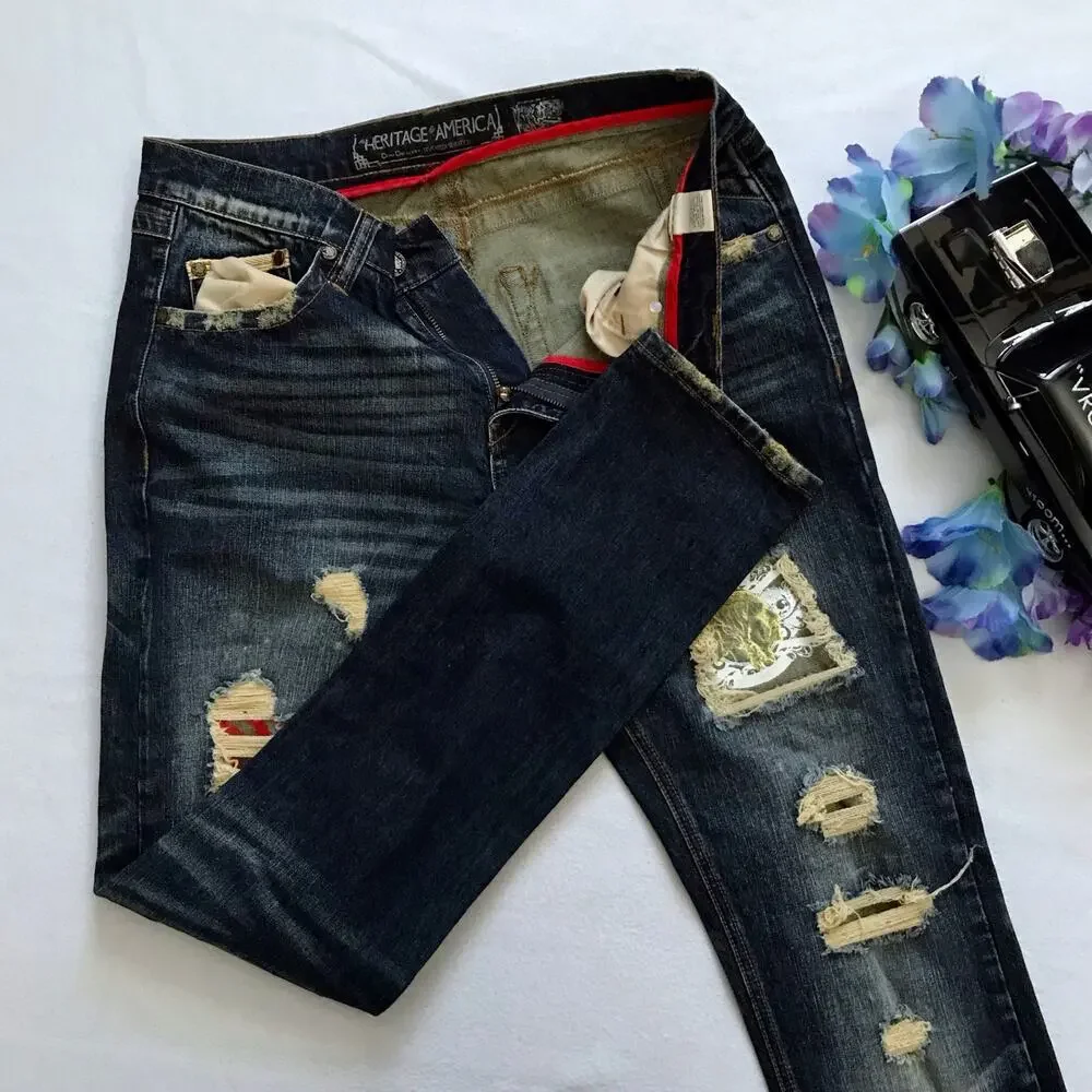 Heritage America NWOT Rip and Repair Dark Wash Skinny Jeans Men 34